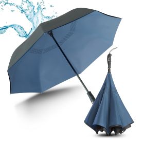 Reverse Umbrella with Sturdy Shaft 8 Reinforced Ribs Teflon Coating Black Navy Blue Inverted Umbrella Compact Windproof Upside Down Umbrella for Women