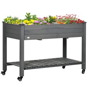 Outsunny Raised Garden Bed, 47" x 22" x 33", Elevated Wooden Planter Box with Lockable Wheels, Storage Shelf, and Bed Liner for Backyard, Patio