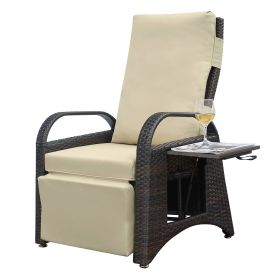 Outdoor Adjustable Wicker Recliner with Flip Table (Color: Kahki)