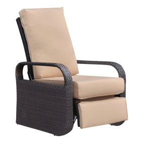 Adjustable Wicker Recliners with Aluminum Frame and Soft Cushions;  PE Rattan Recliner Lounge Chair for Indoor Outdoor Patio Garden (Color: Brown+Khaki)