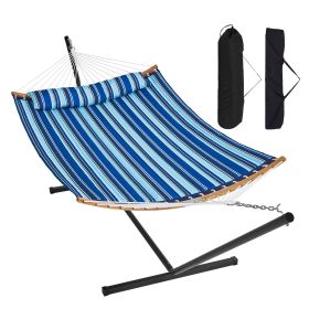 VEVOR Two Person Hammock with Stand Included, Double Hammock with Curved Spreader Bar and Detachable Pillow and Portable Carrying Bag (Type of Support: T Type, Color: Blue & White)