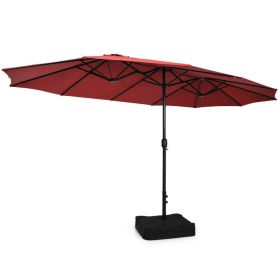 15 Feet Double-Sided Twin Patio Umbrella with Crank and Base (Color: Red)